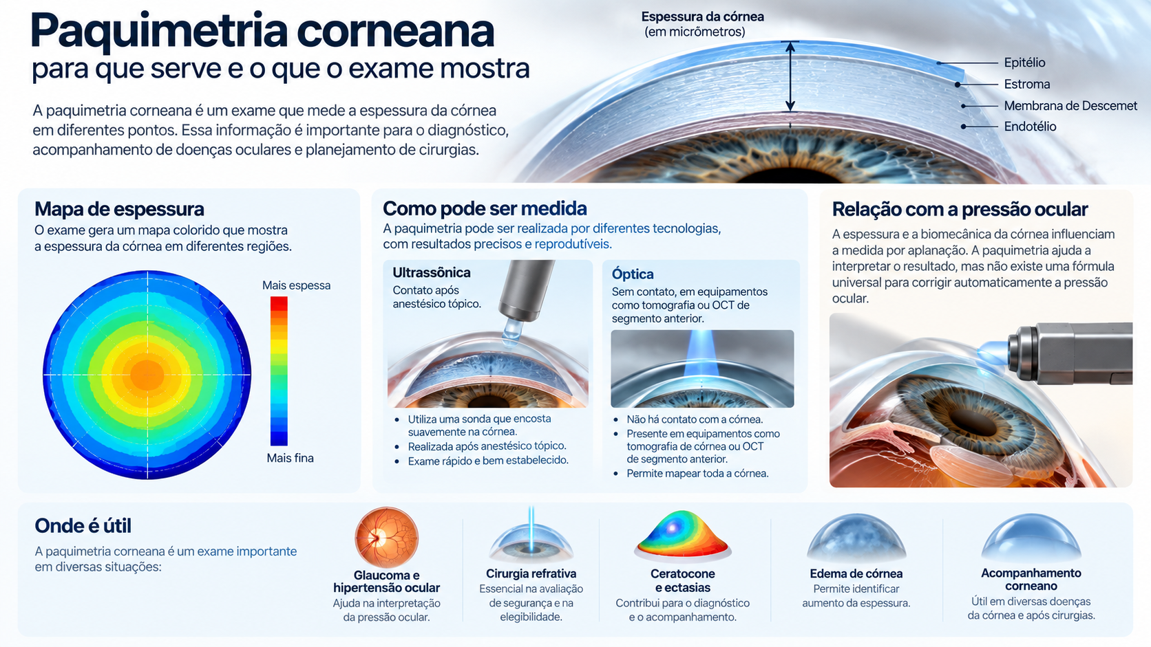 Infográfico sobre espessura da córnea, mapa paquimétrico, métodos de medida e relação com glaucoma