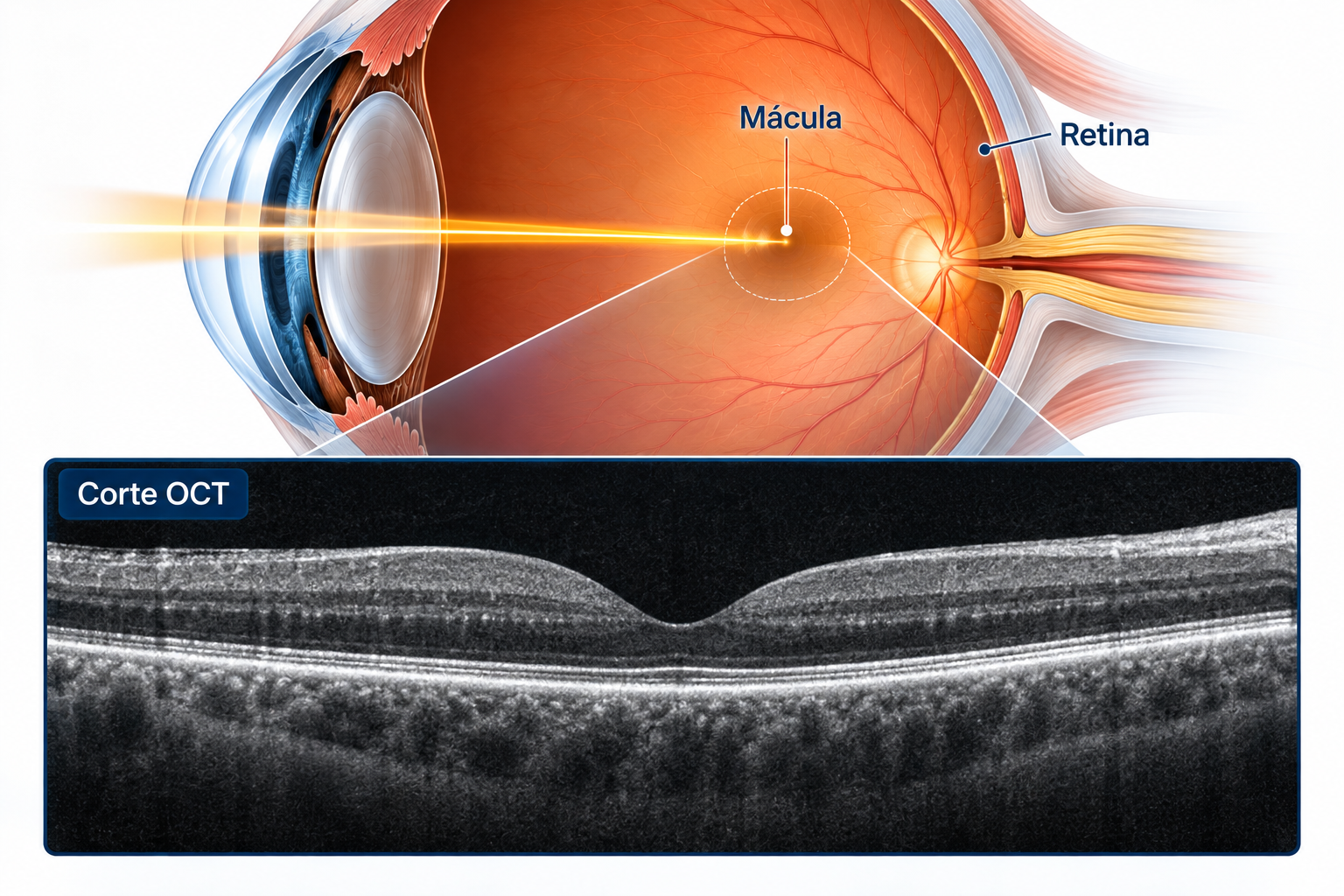 Ilustração mostrando a localização da mácula no olho e um corte OCT das camadas da retina