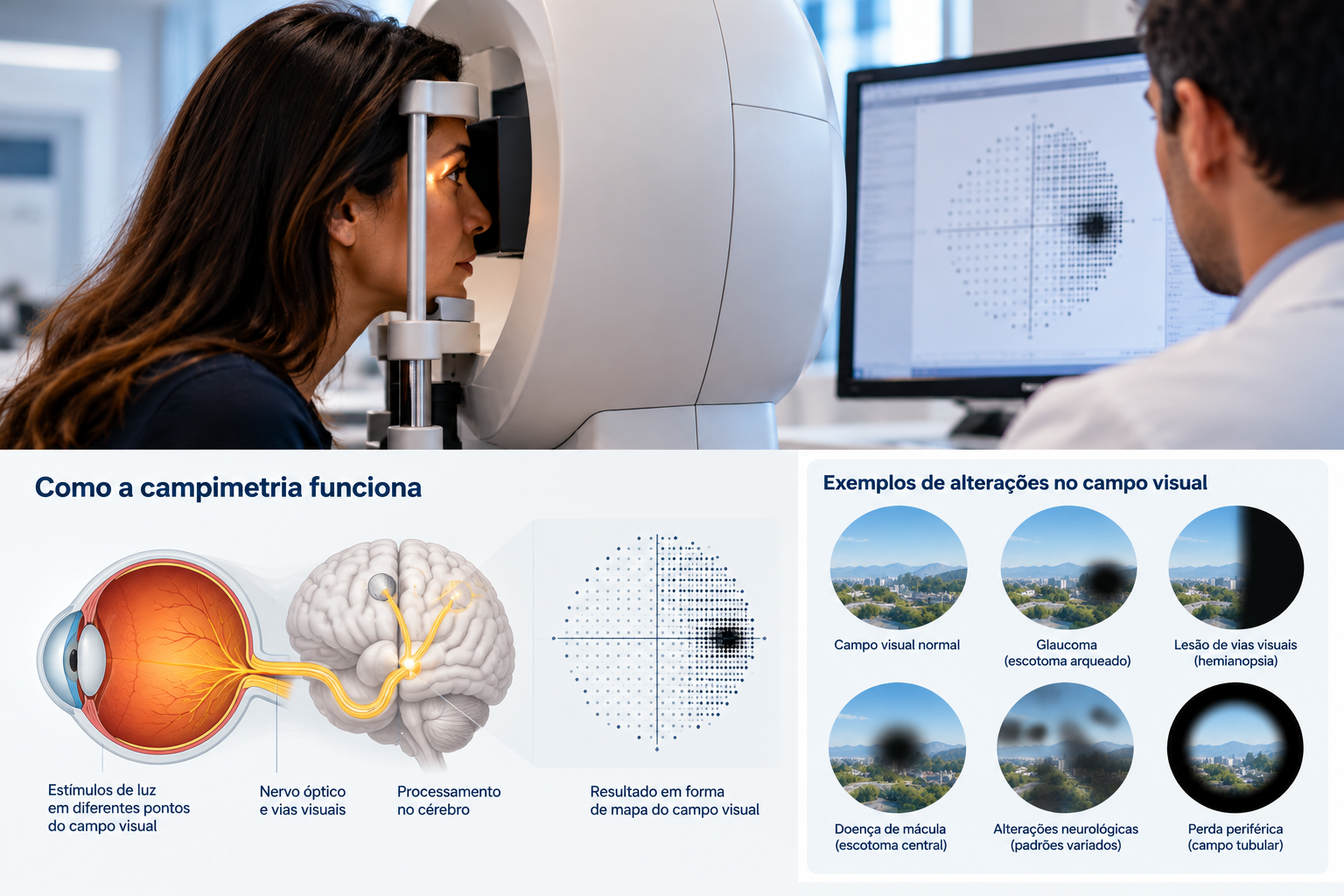 Infográfico com exemplos de diferentes padrões de perda do campo visual em glaucoma, alterações neurológicas e outras condições