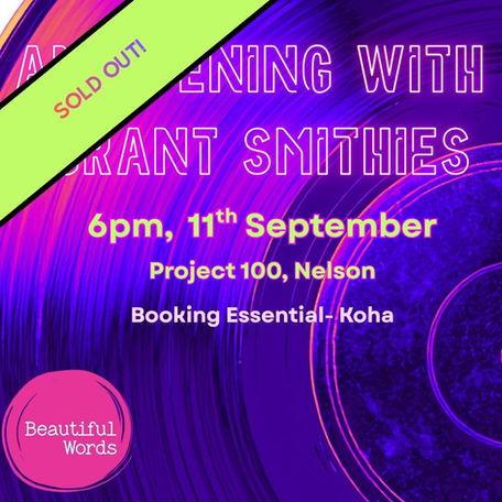 A pink toned picture of a record with the words "An evening with Grant Smithies, 6pm 11th September, Project 100, Nelson. Bookings Essential, Koha.