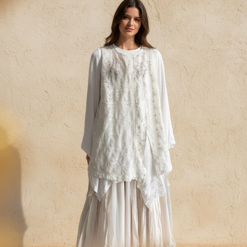 Thumbnail: Minimalist jacquard front slit loose inner wear white vest  middle  length dress