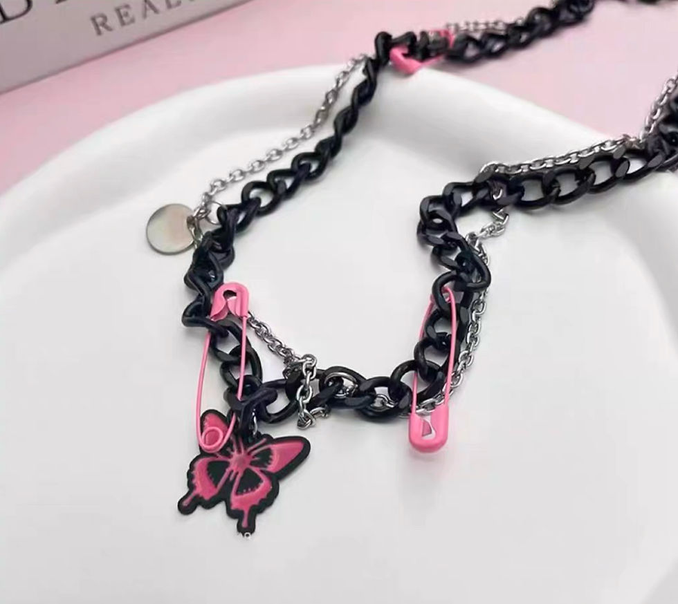 Thumbnail: Black chain safety pin rose pink butterfly necklace spicy girl pendant chain