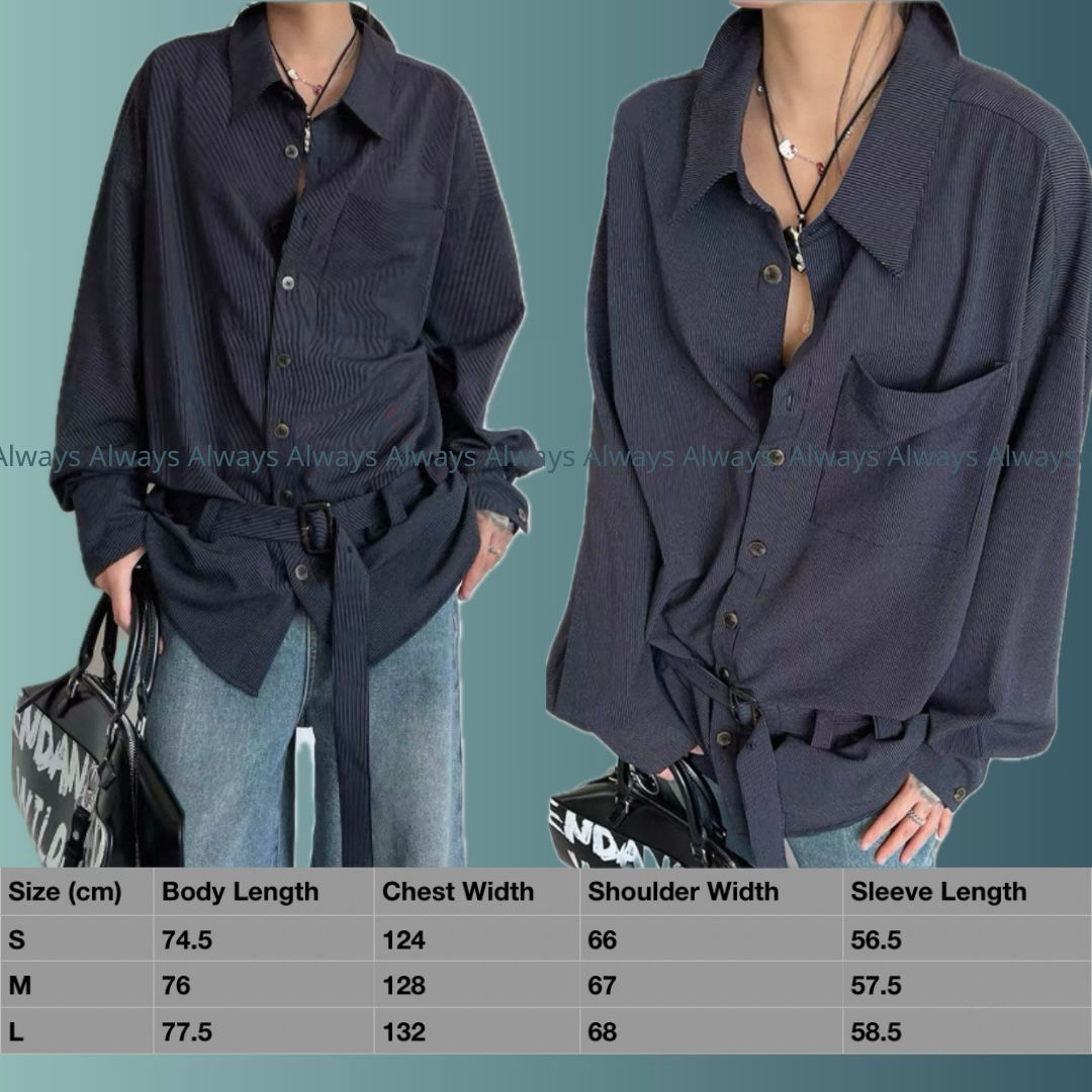 Dark Blue Vertical Striped Waist Slimming Loose Lazy Style Belted Shirt Top