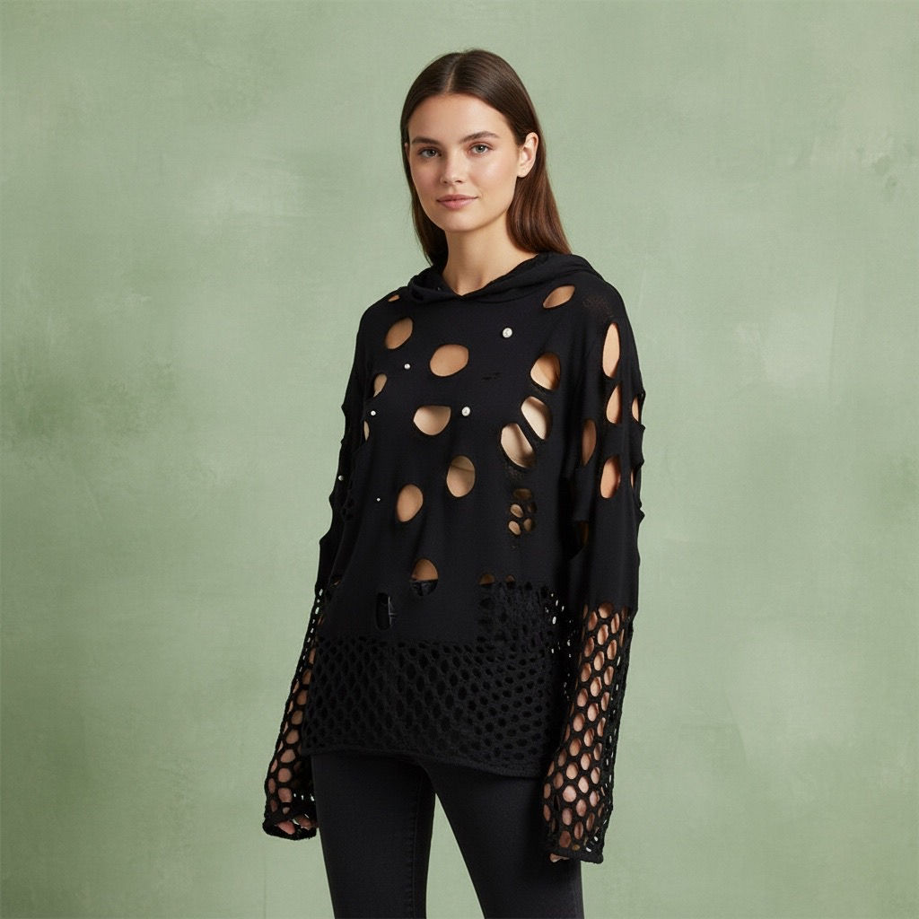 Women's &nbsp;niche hollowed-out hooded knitwear with pearl embellishments