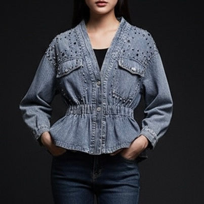 Thumbnail: European Style Heavy-Duty Rivet and Bead Denim Jacket