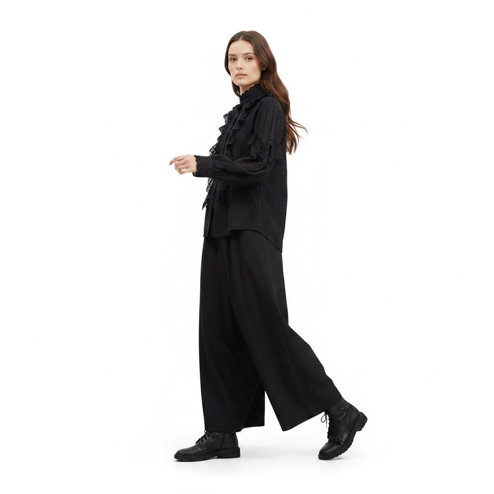 Thumbnail: Women’s black lace ruffled collar blouse, long-sleeve top, fashionable European-