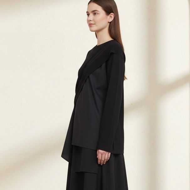 Thumbnail: Irregular Hem, Black, Simple, Versatile, Designer Feel, Base Layer Top/Blouse