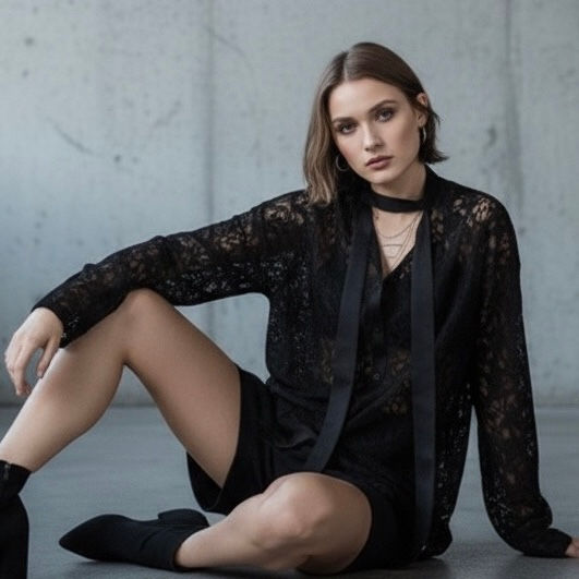 Thumbnail: V-neck lace shirt with a loose design, flowing ribbons,hollowed-out top