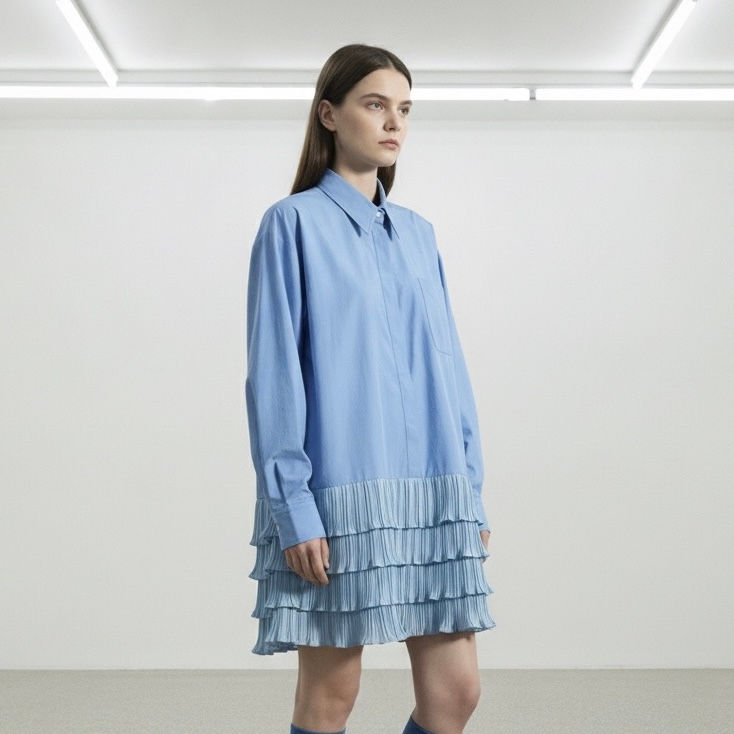 Thumbnail: Ruffled fungus lace trim pieced shirt dress,cake-style short skirt dress.