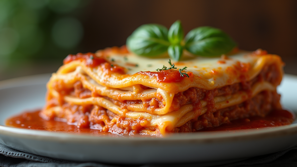 Close-up view of a delicious lasagna with layers of cheese and sauce