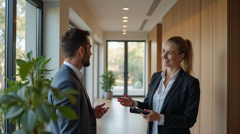 High angle view of a real estate agent showing a turnkey property to a client