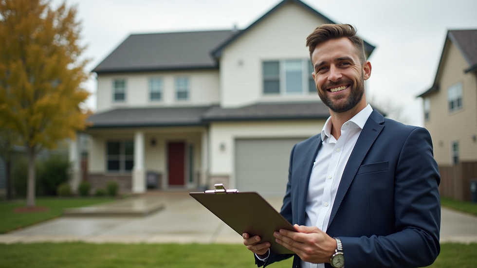 Close-up view of a real estate agent holding a clipboard in front of a house