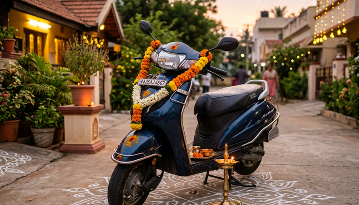 Eye-level view of a decorated vehicle with flowers and a small lamp during Ayudha Pooja