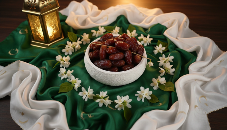 Overhead view of dates, flowers, and a glowing lantern arranged on a green and white cloth
