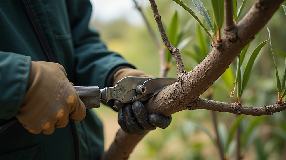 Close-up view of pruning a gum tree branch with professional tools