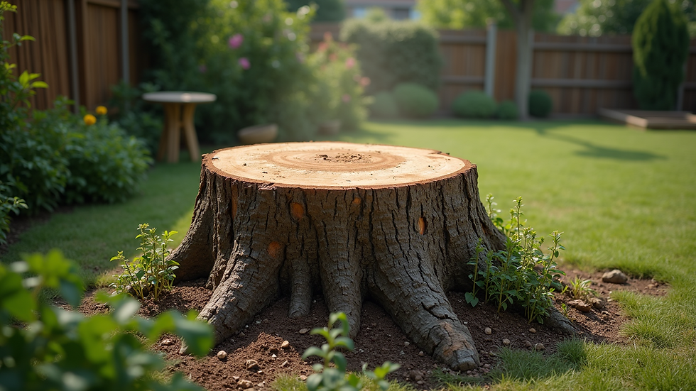 High angle view of a large tree stump in a garden after tree removal