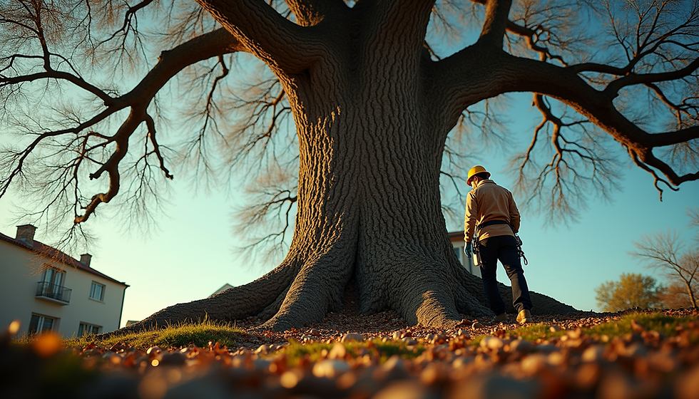 Eye-level view of a large tree with safety equipment nearby