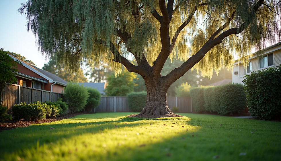Eye-level view of a healthy eucalyptus tree in a suburban backyard