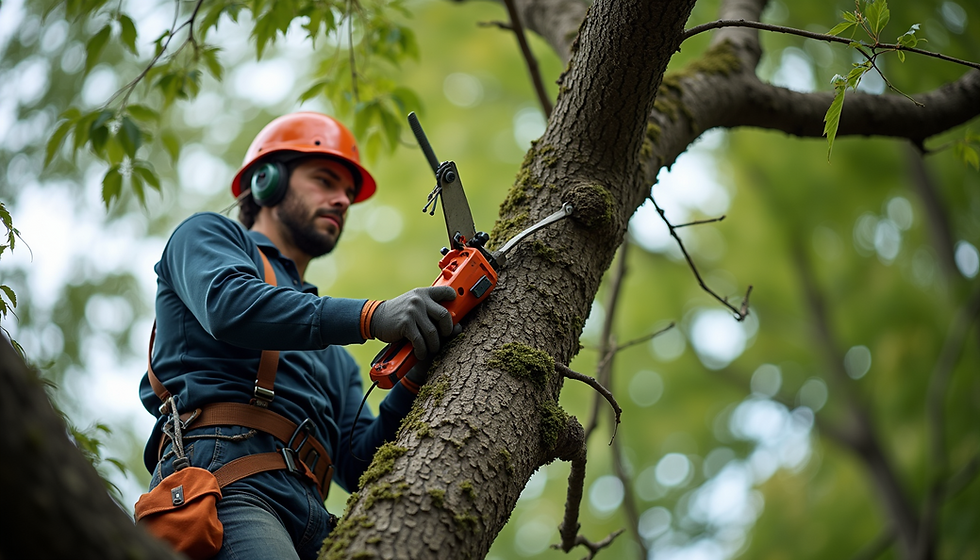 Eye-level view of a professional arborist trimming a large tree branch