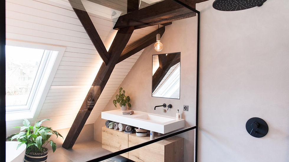 Modern bathroom with a skylight, wooden beams, and a white sink on a wooden cabinet. Green plant and striped rug add warmth.