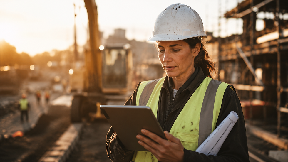 Woman at a construction site on an tablet researching suppliers