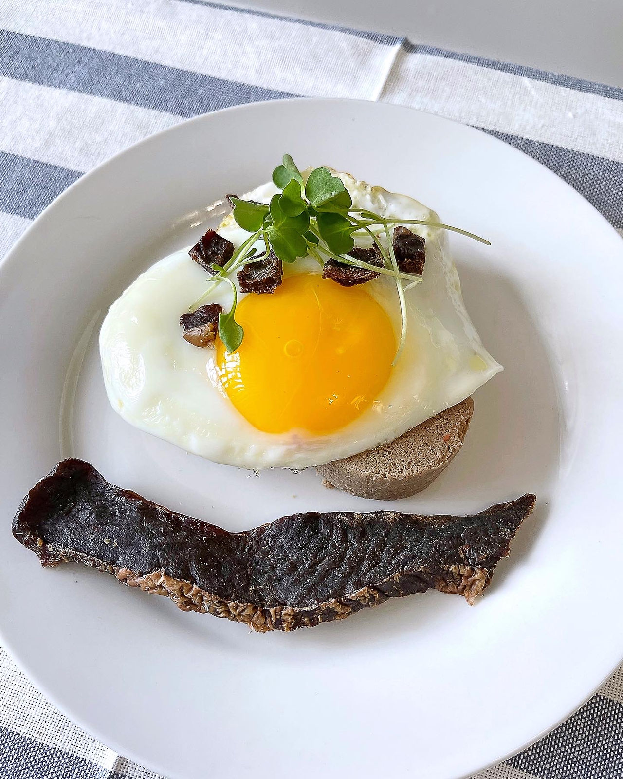 Doggy Egg Benedict Recipe in Collaboration with Healthy Spot featuring Small batch frozen raw rabbit patties, sunny side up egg, micro greens and beef jerky for a healthy and dog approved recipe
