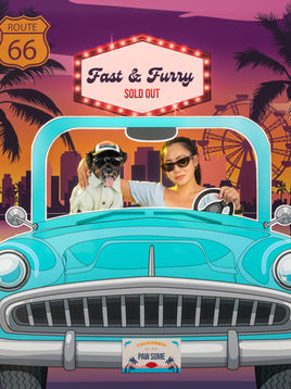 sweet life of calvin is a black mini schnauzer dog blooger in los angeles wearing a denim dog shirt from petco, a dog trucker hat from puplid, dog sunglasses with asian female dog mom owner also wearing sunglasses on a pet photoshoot in los angeles with Santa Monica pier on the backdrop driving in a convertible car ready for adventure