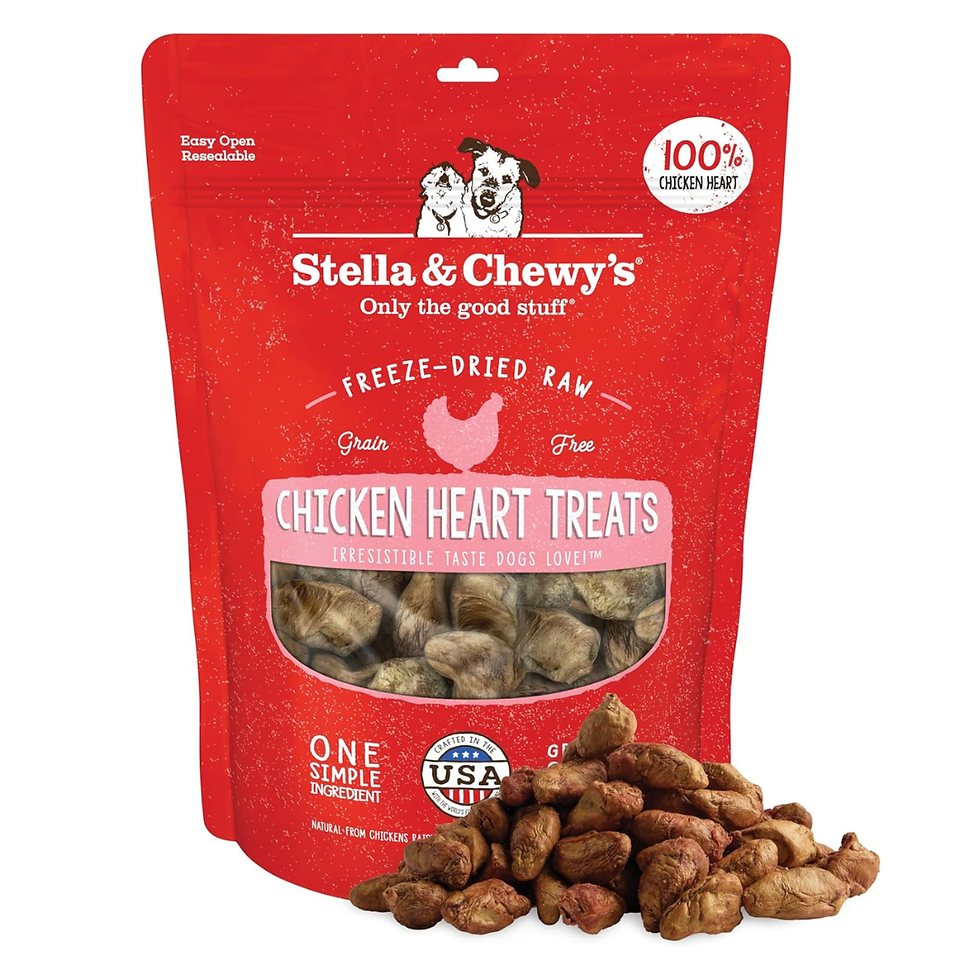 Red package of Stella & Chewy's Chicken Heart Treats, with heart-shaped treats visible. Labeled "Grain Free" and "100% Chicken Heart."