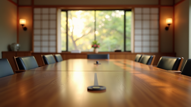Close-up view of a Japanese business meeting room with traditional decor