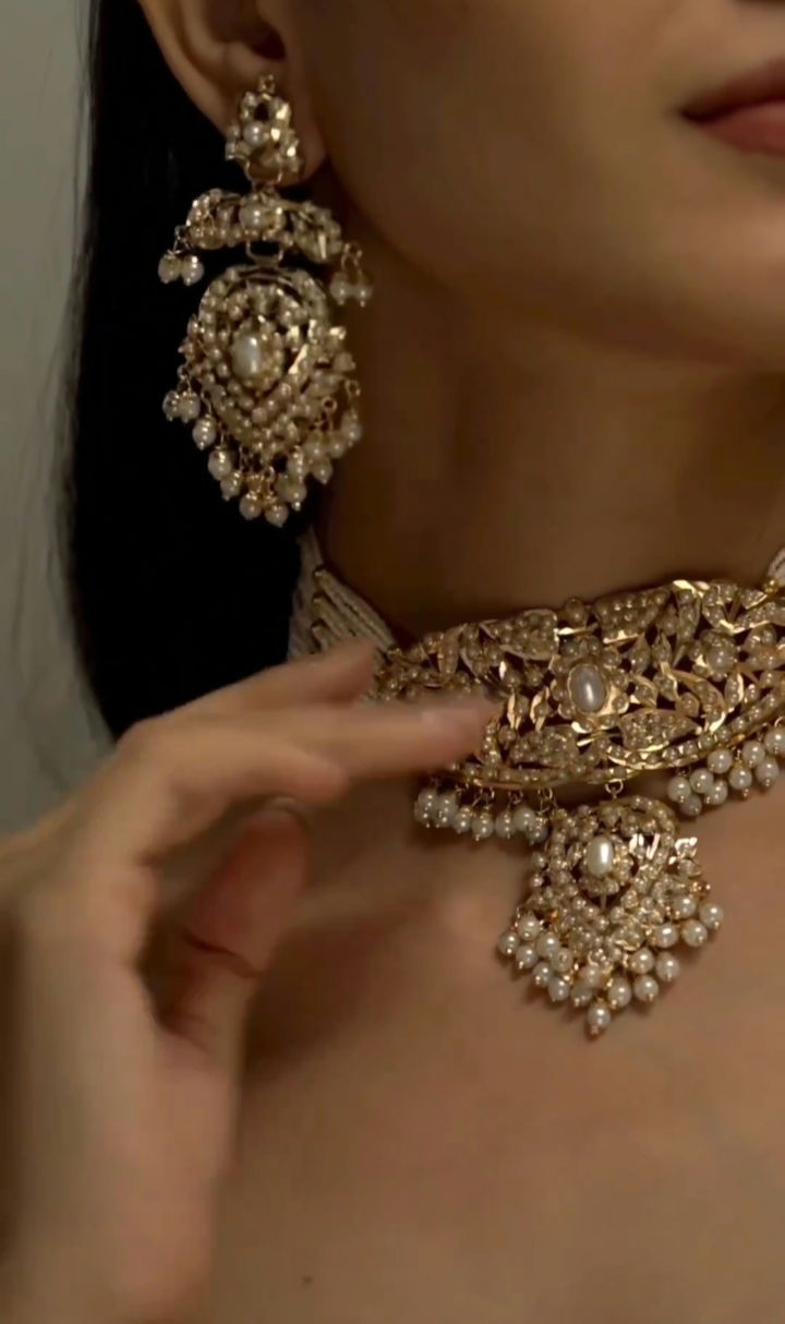 Thumbnail: Pearl choker jadau necklace set high quality stones necklace