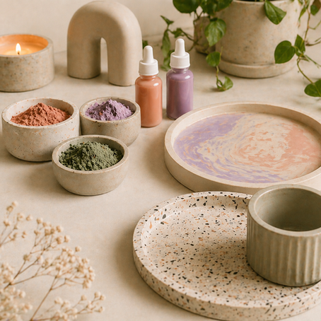 una mesa llena de piezas y material para cemento decorativo