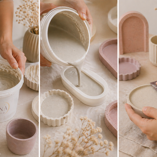 una mujer creando piezas decorativas con cemento u ormigón