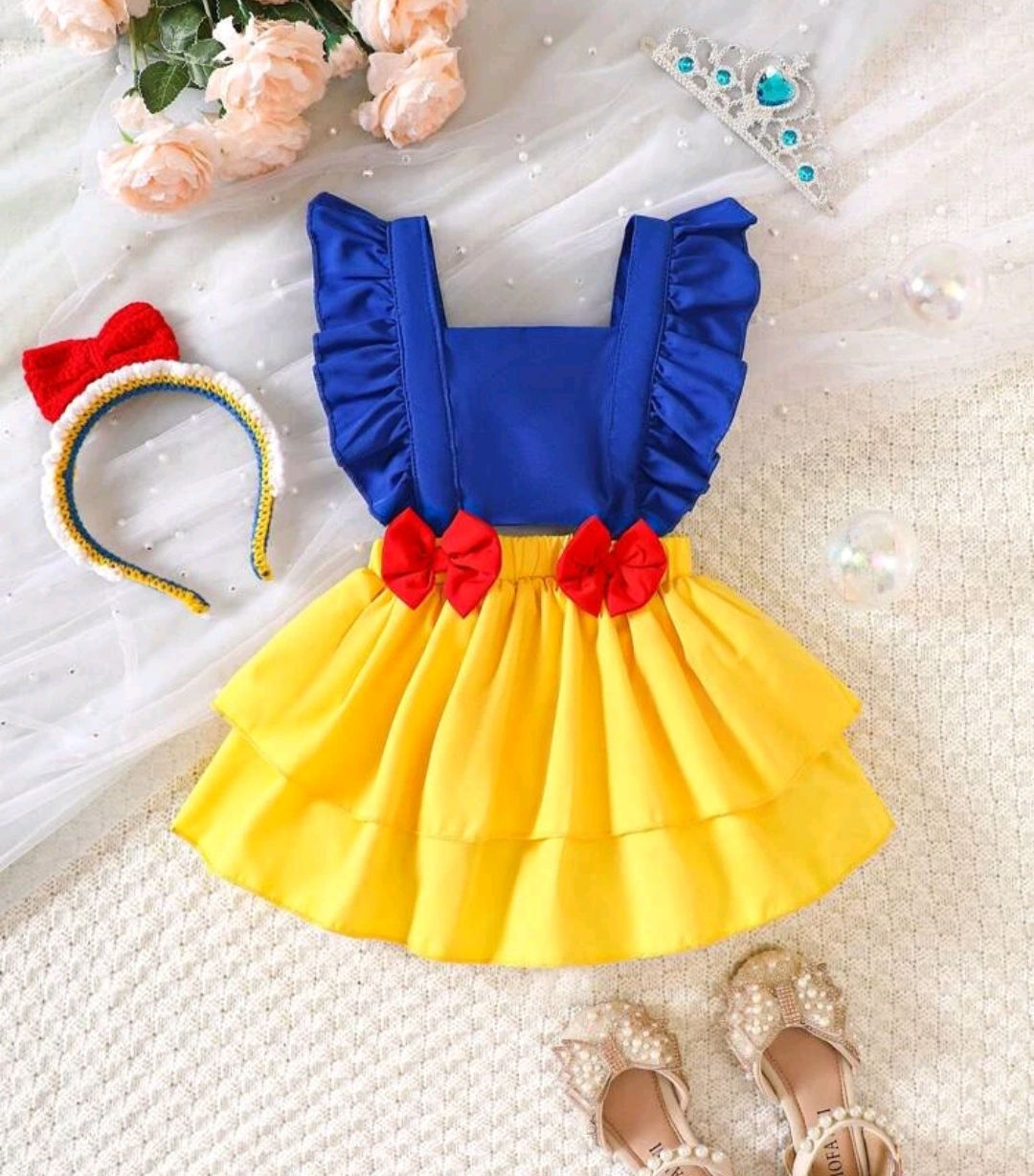 Ruffle Trim Bow Front Layered Hem Overall Dress