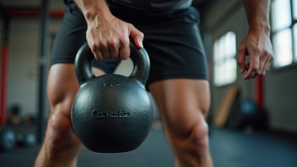 Close-up view of a CrossFit coach demonstrating a kettlebell swing