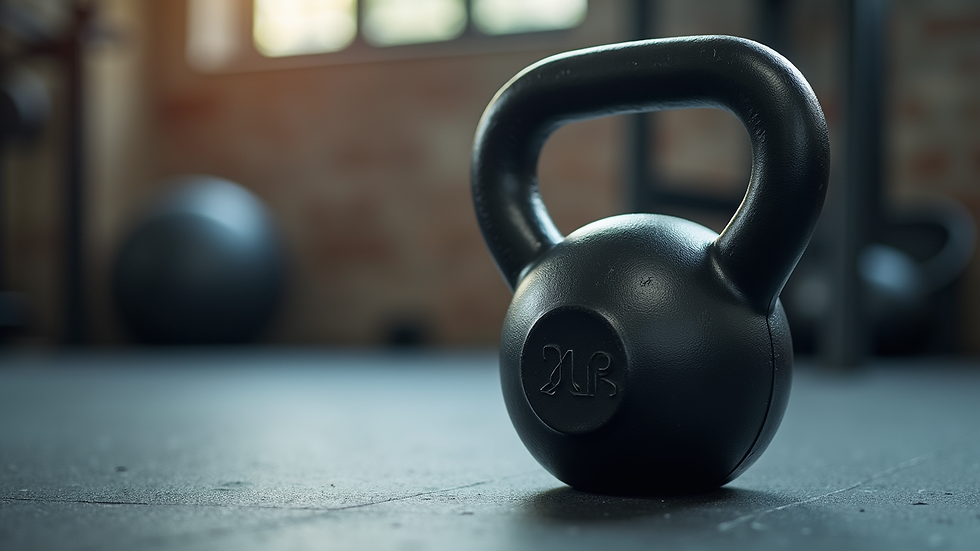 Close-up view of a kettlebell on gym floor ready for workout