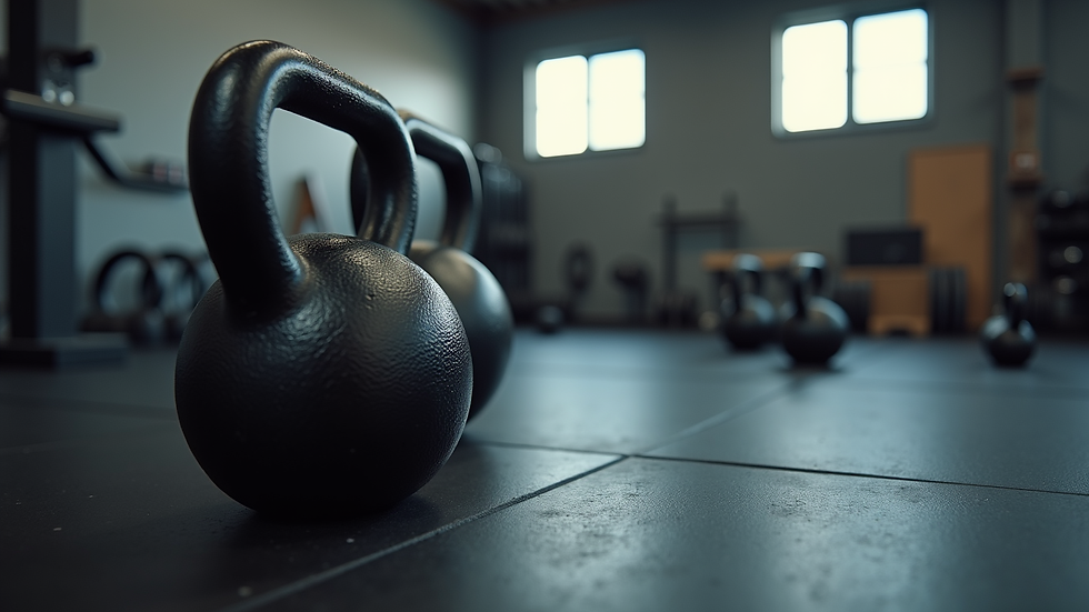 Close-up view of CrossFit equipment including kettlebells and barbells in a gym
