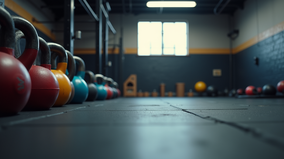 Eye-level view of a CrossFit gym with barbells and kettlebells neatly arranged