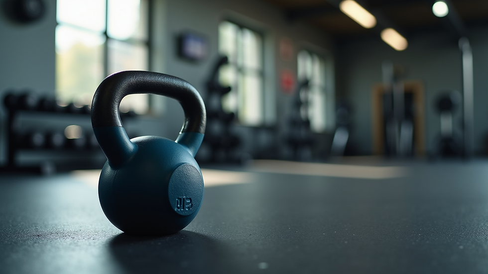 Close-up view of a kettlebell on the gym floor ready for a workout