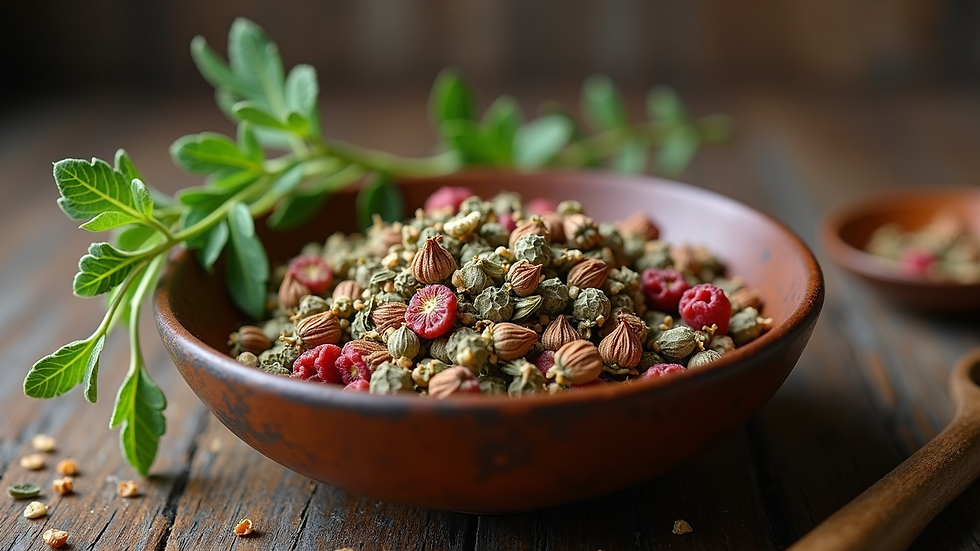 Close-up view of dried herbs and flowers in a rustic bowl