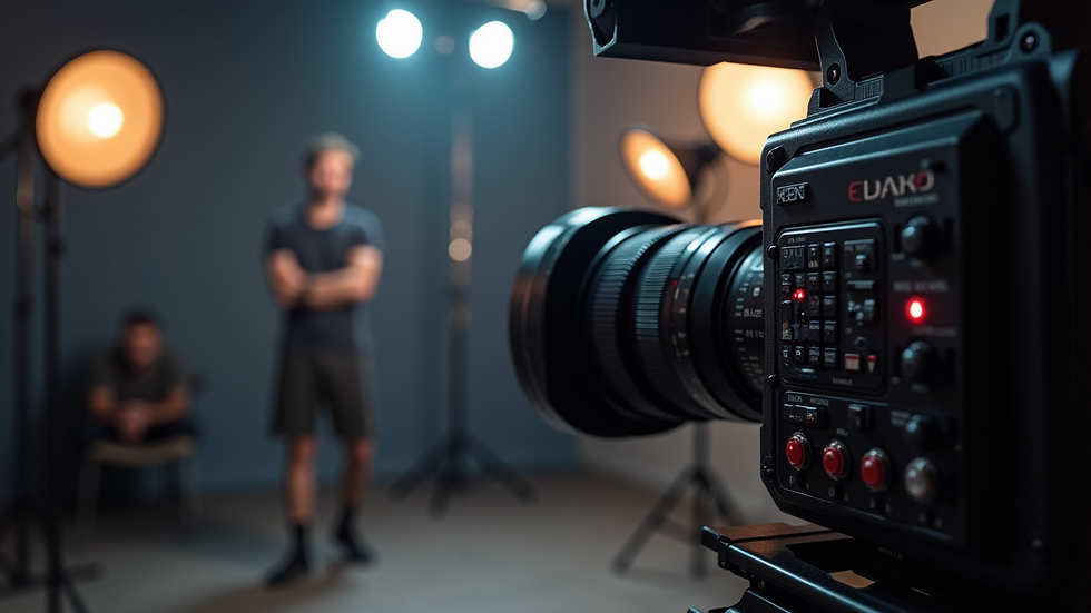 Close-up view of a professional video camera setup in a studio