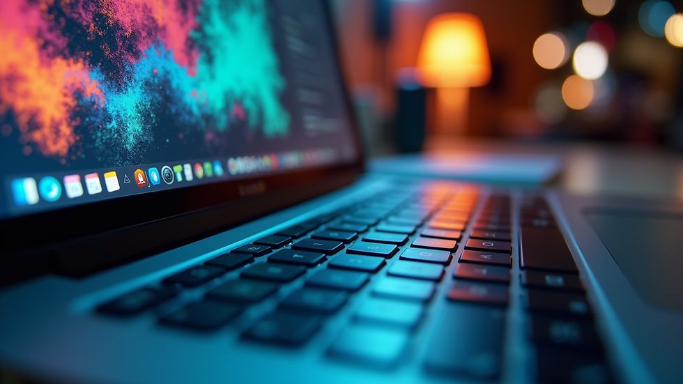 Close-up view of a graphic designer's laptop screen with vibrant designs