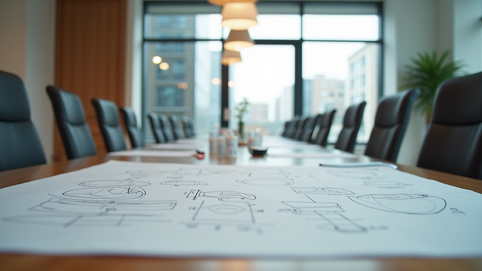 Eye-level view of a modern office meeting room with branding sketches on the table