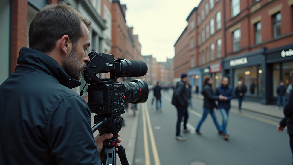 Wide angle view of a film crew setting up a camera on a Manchester street