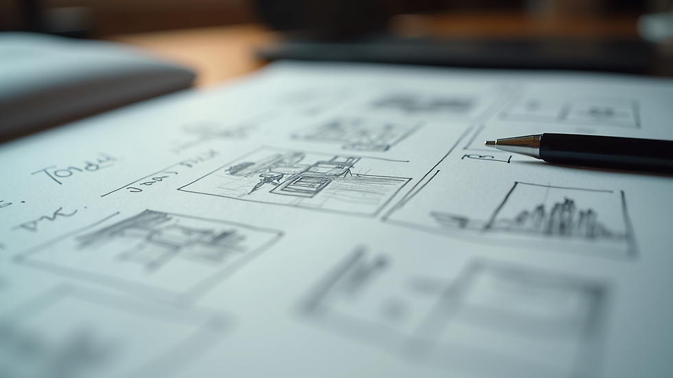 Close-up view of a storyboard with video production notes and sketches