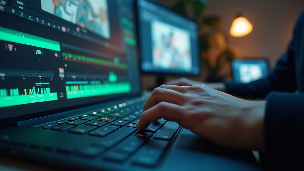 Close-up view of a video editor working on a timeline in editing software