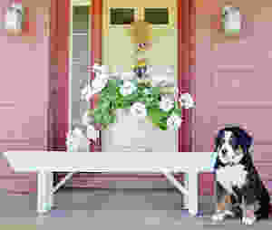 Vintage badmitton wreath with bernese mountain dog and flowers front door.