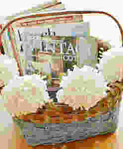 Vintage basket with pom poms and blue paint