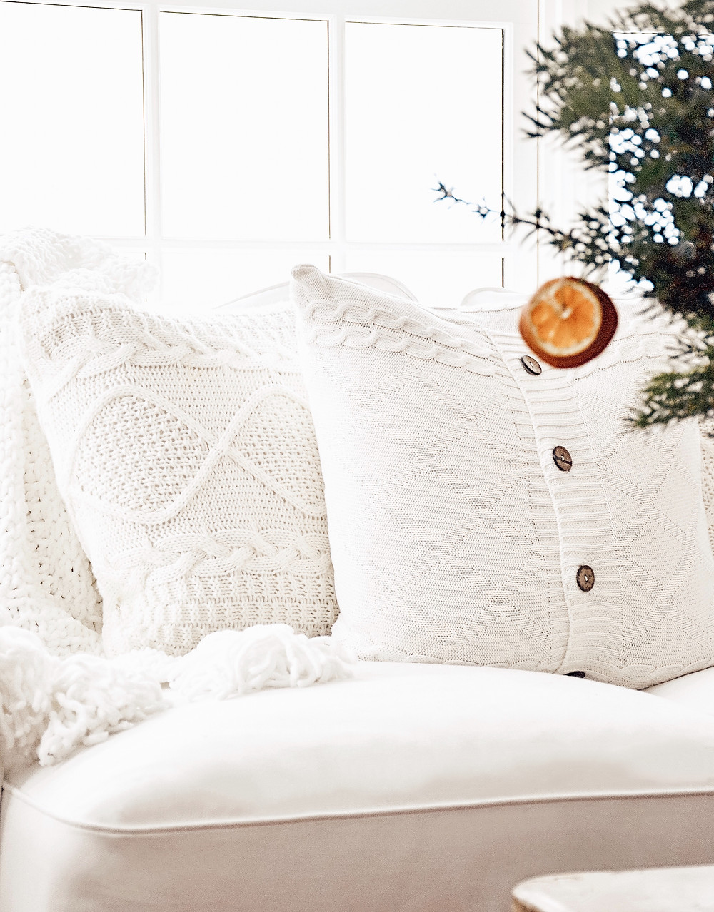 Simple Winter White Decor in the Sunroom.