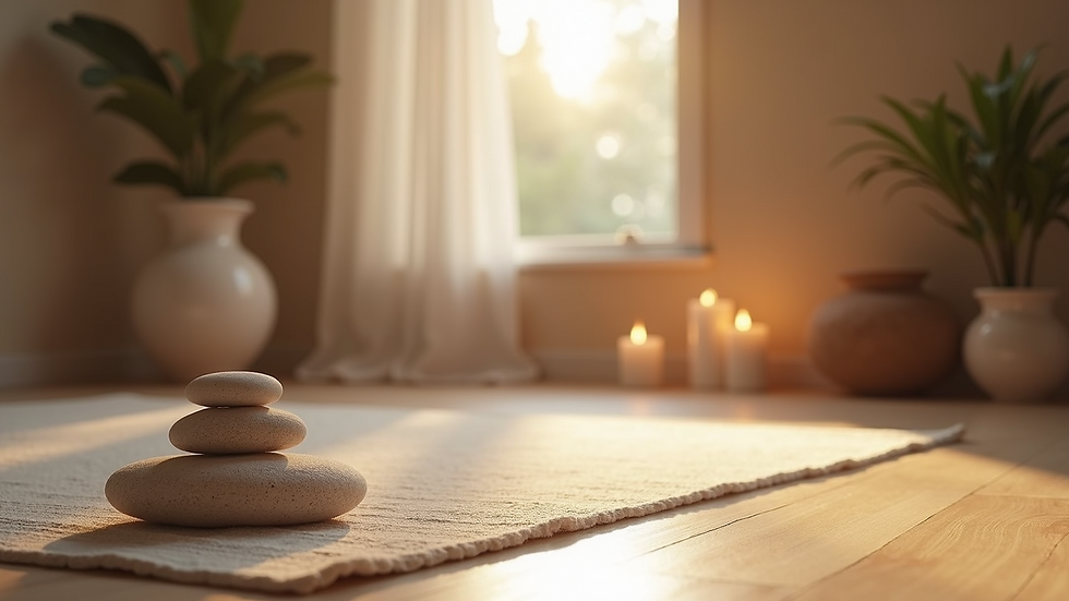 Eye-level view of a tranquil meditation space with calming elements