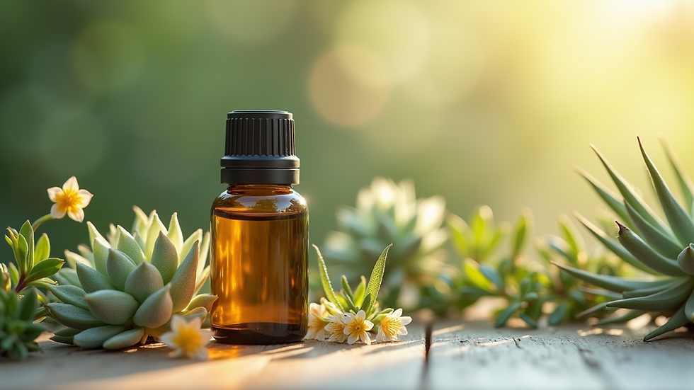 Close-up view of an elegant essential oil bottle surrounded by calming plants